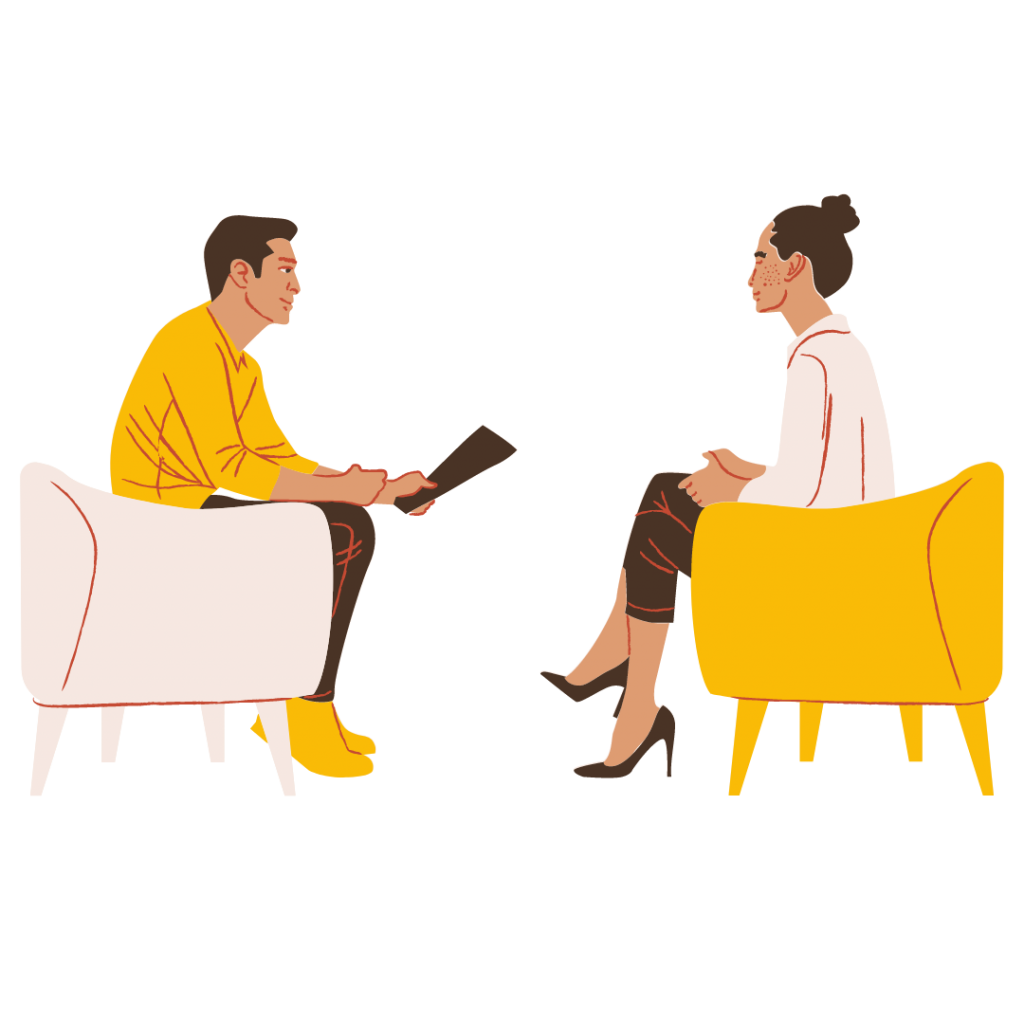 Two people discussing their background and experience in an interview setting. 